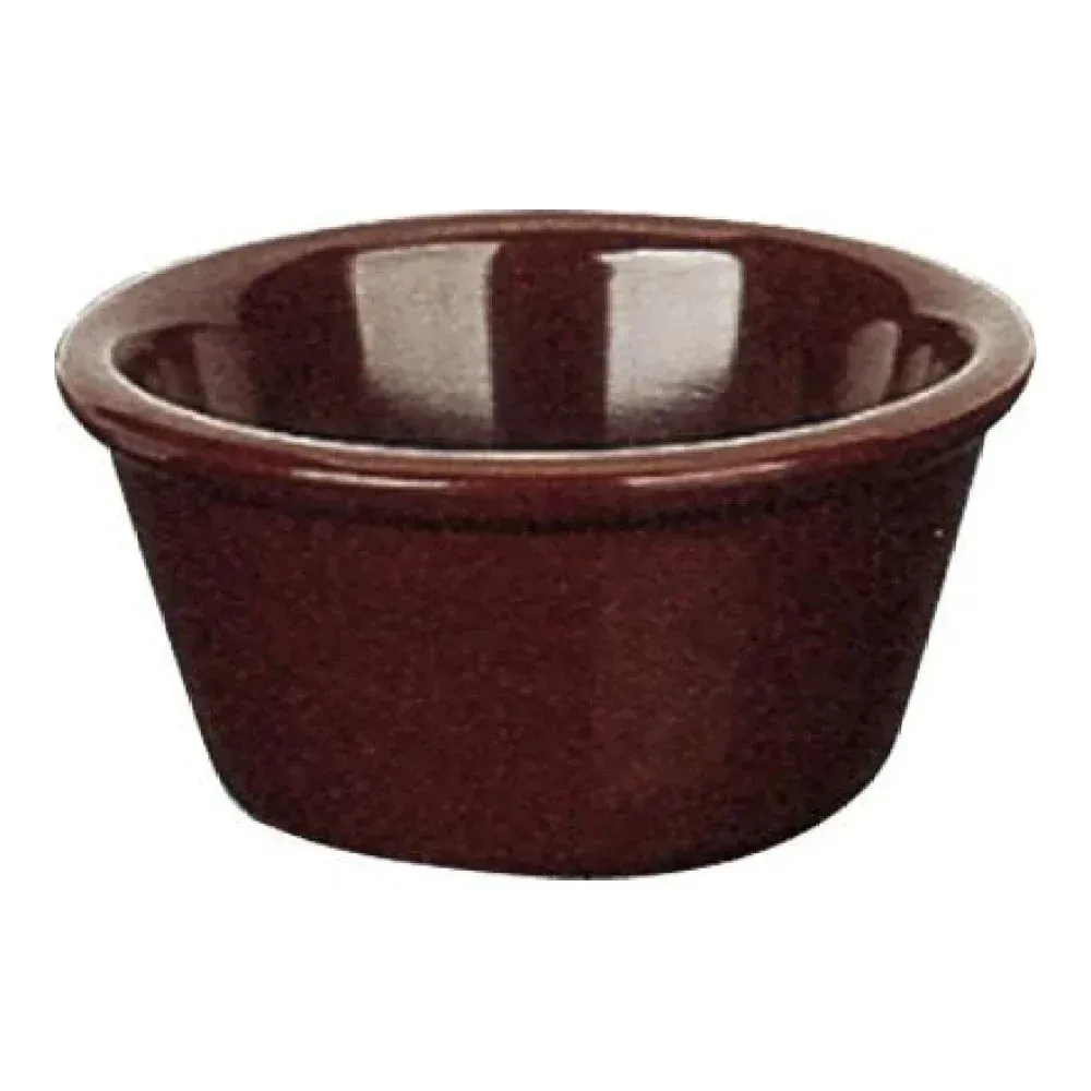 Yanco China rich brown melamine ramekin with smooth finish, perfect for serving sauces, condiments, or sides in restaurants, cafes, and catering.