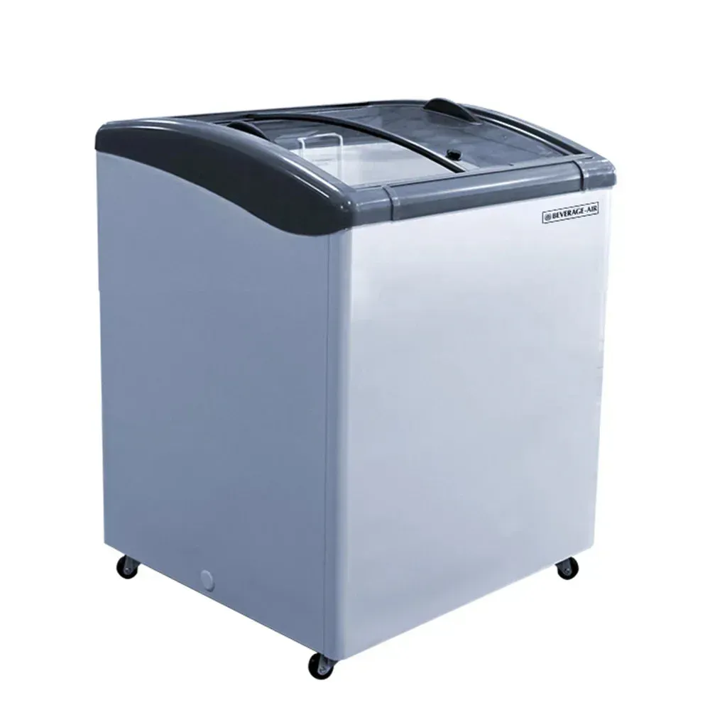 Beverage-Air curved lid novelty freezer with bright LED interior, ultra-compact design, perfect for small retail frozen dessert displays.