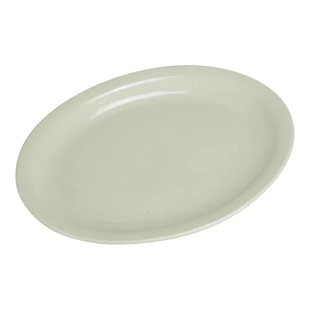 Durable large chinaware oval platter with a narrow rim from Yanco China, crafted to resist chipping in a busy commercial restaurant.