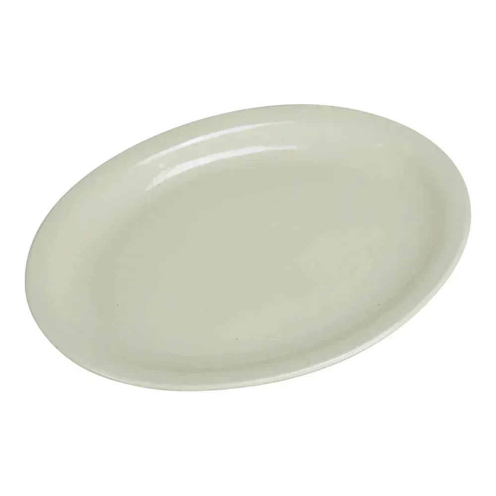 Large oval chinaware platter with a narrow rim by Yanco China, providing an expansive surface for family style entrees or a centerpiece dish.