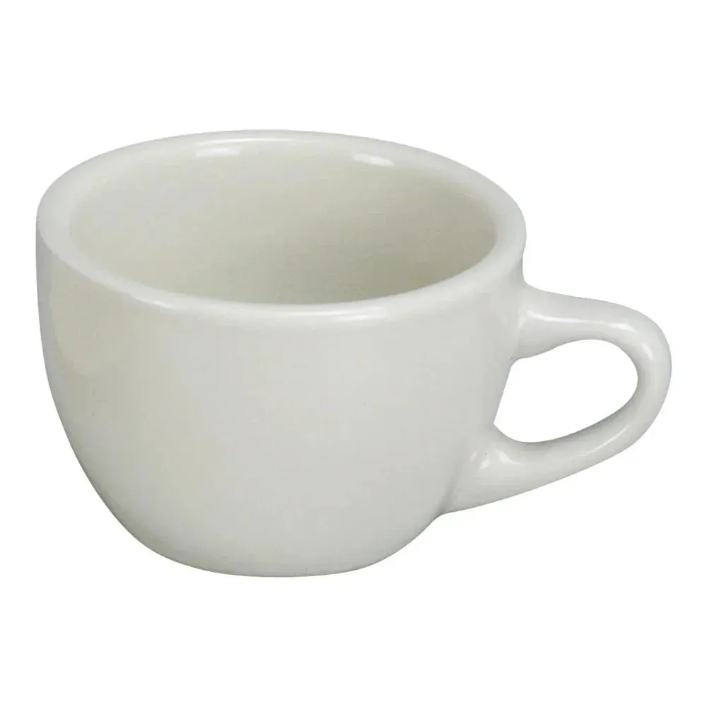 Yanco China Normandy short cup in fine chinaware, classic silhouette, stackable for efficient storage, ideal for elegant tea service in restaurants.