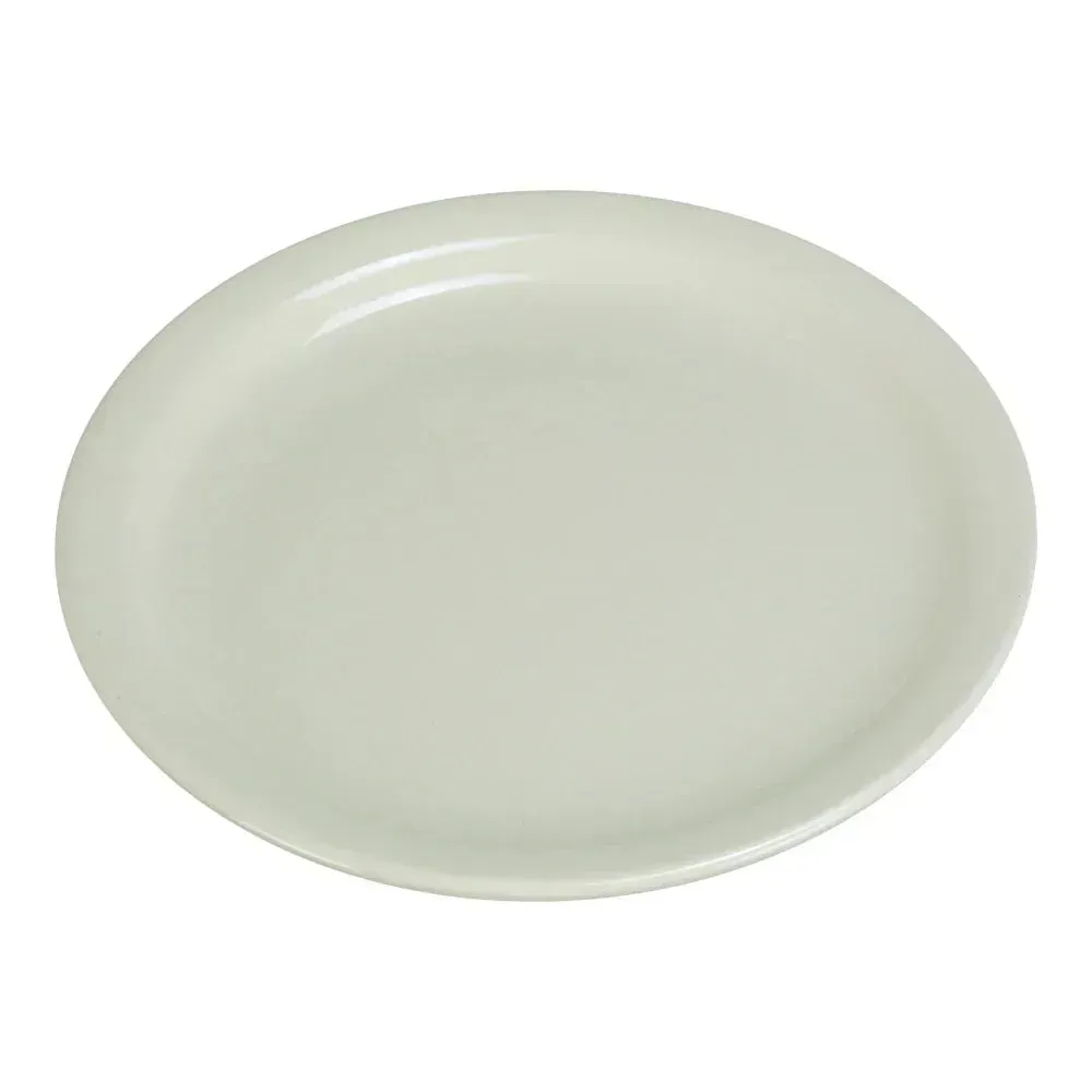 Large round chinaware dinner plate from Yanco China with a narrow rim, featuring an off white color for a classic, understated presentation.