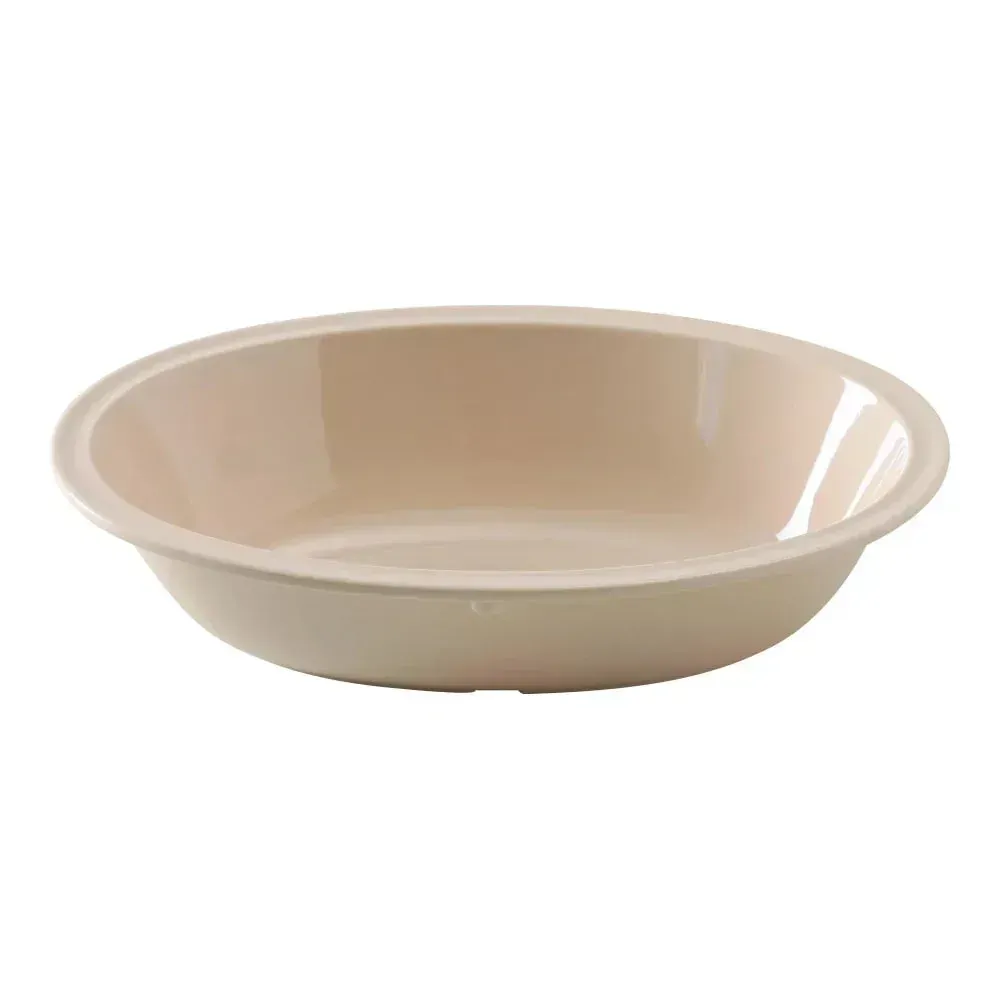 Small oval bowl made of durable tan melamine from Yanco China, perfect for serving sides, sauces, or individual desserts with a neutral look.