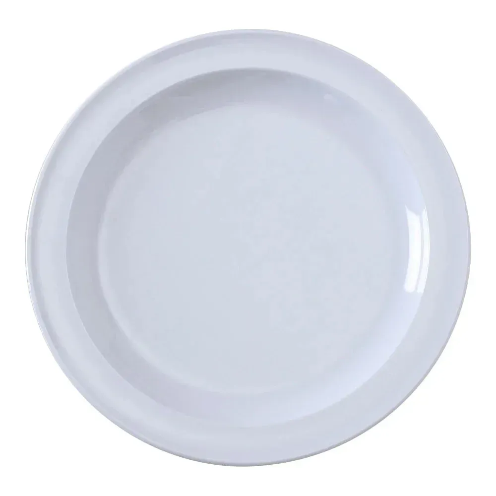 Small round melamine dinner plate in a classic white color from Yanco China, ideal for serving appetizers, salads, or smaller entrees.