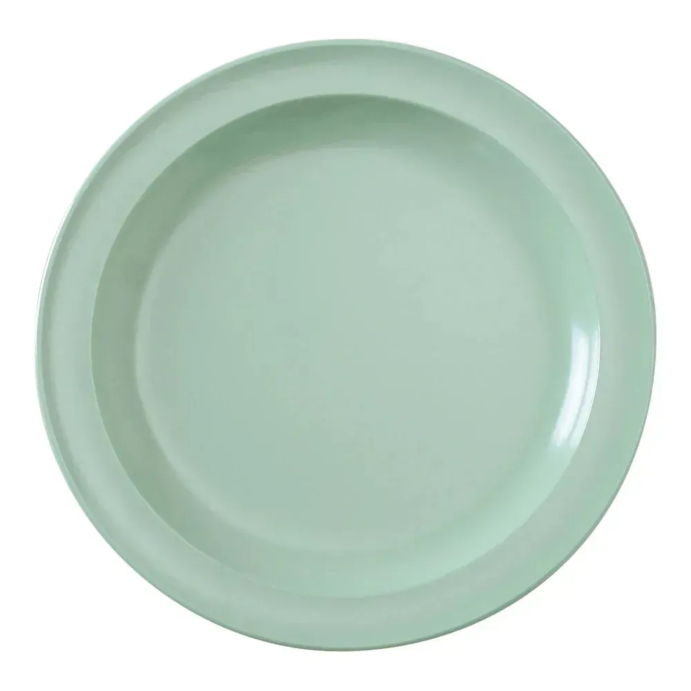 Medium round melamine dinner plate in a pleasant green color from Yanco China, a lightweight and break resistant plate for cafeterias.