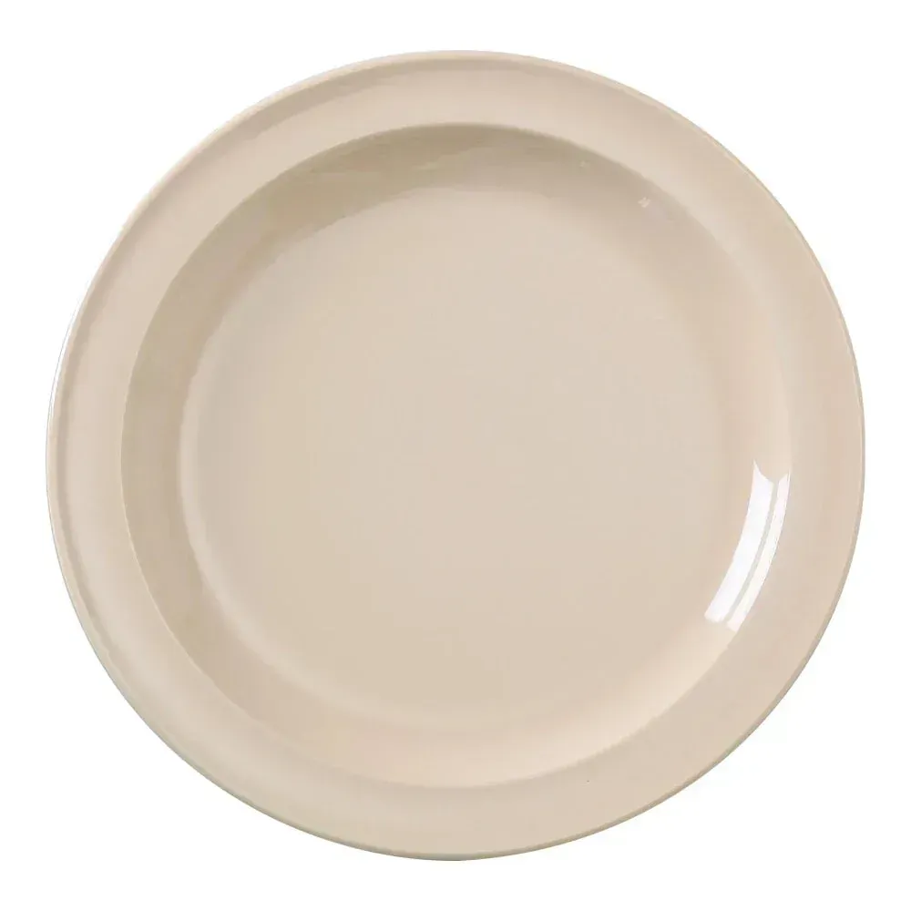 Medium round melamine dinner plate in a warm tan color by Yanco China, offering a durable and shatterproof choice for restaurants.