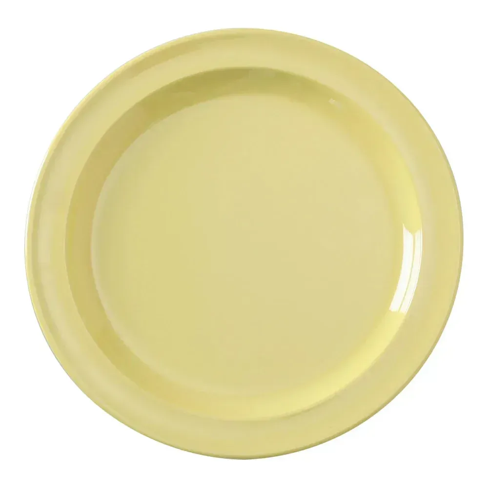 Medium round melamine dinner plate in a cheerful yellow color by Yanco China, a durable and break resistant option perfect for busy dining.