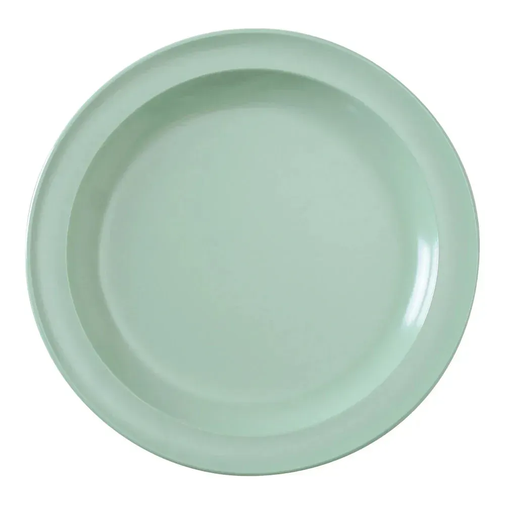 Large round melamine dinner plate in a vibrant green color from Yanco China, a lightweight and shatterproof plate for cafeterias or poolside.