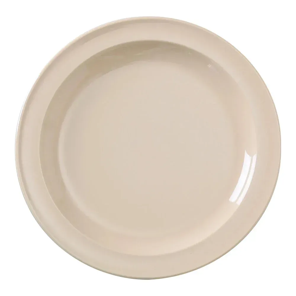 Large round melamine dinner plate in a warm tan color by Yanco China, offering a durable and break resistant choice for casual restaurants.
