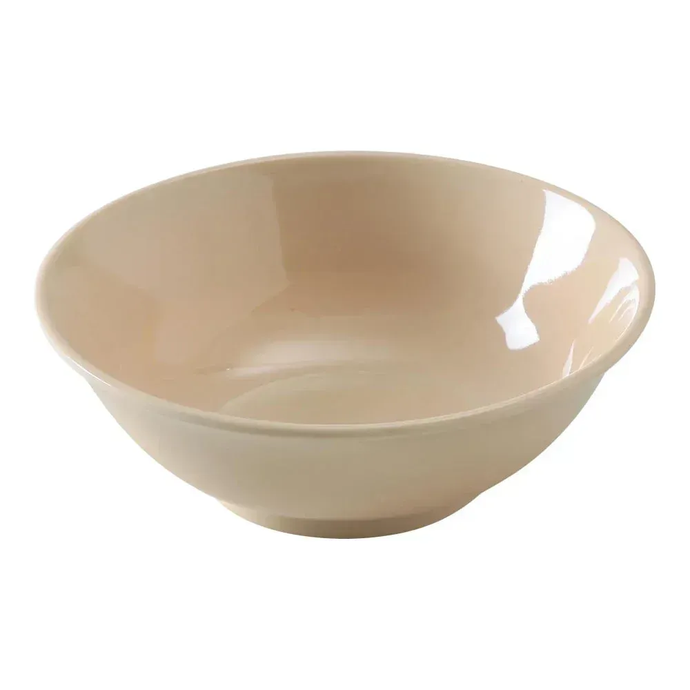 Yanco China tan melamine rimless bowl, crafted for professional dining in restaurants, buffets, or events, lightweight, durable, dishwasher safe.