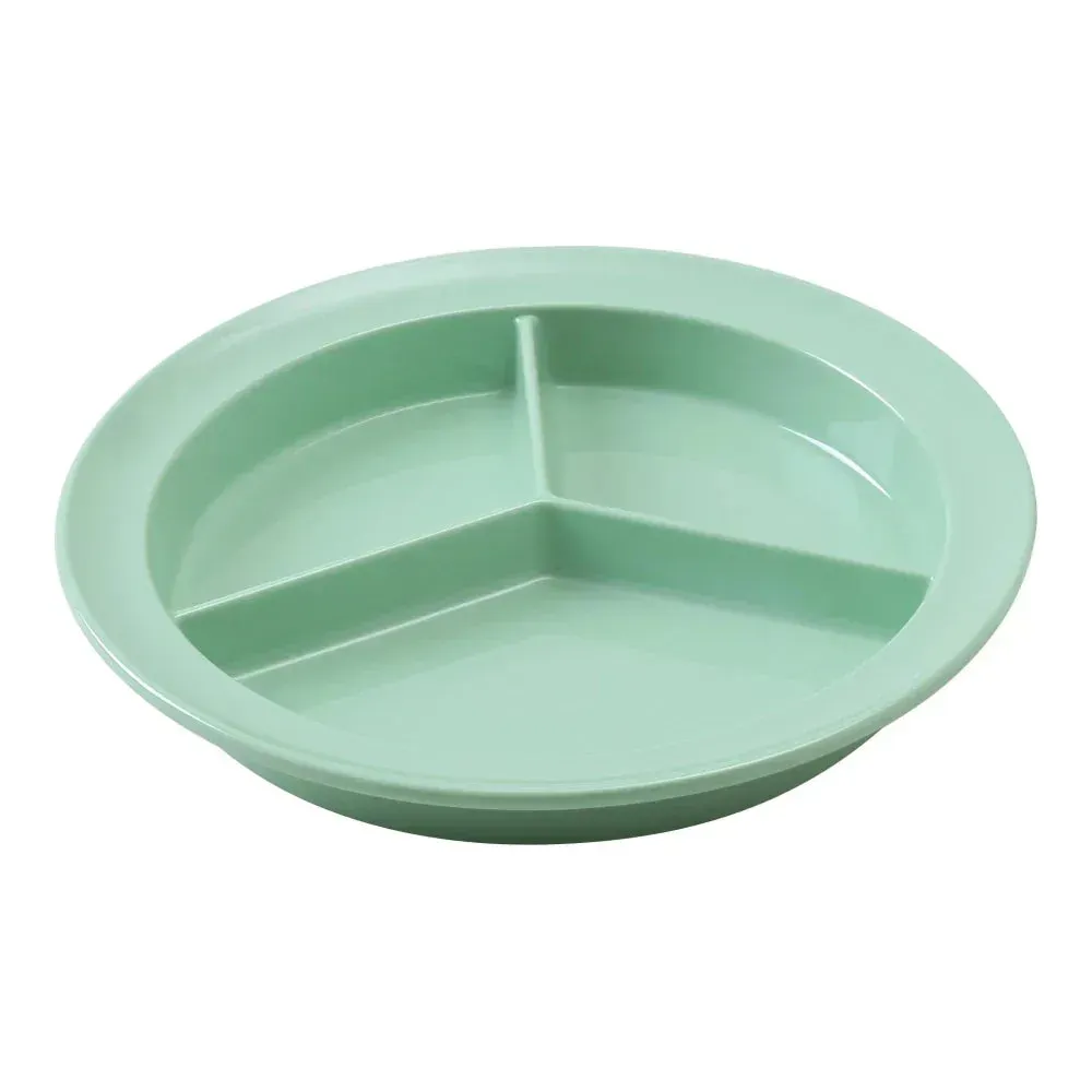 Yanco China green deep three-compartment melamine plate for portion control and organized serving in buffets, restaurants, and catering.