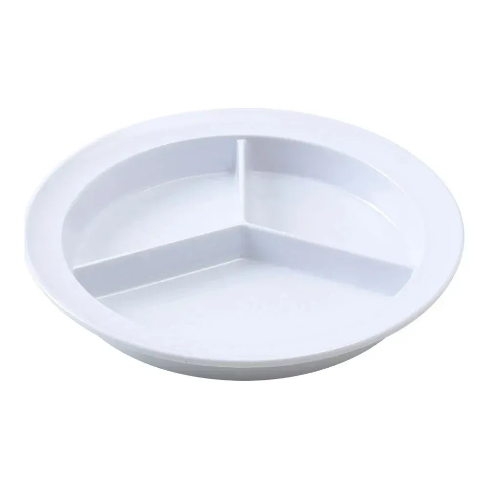 Yanco China deep white melamine three-section plate perfect for hearty portions, built for long-lasting, high-volume dining service use.