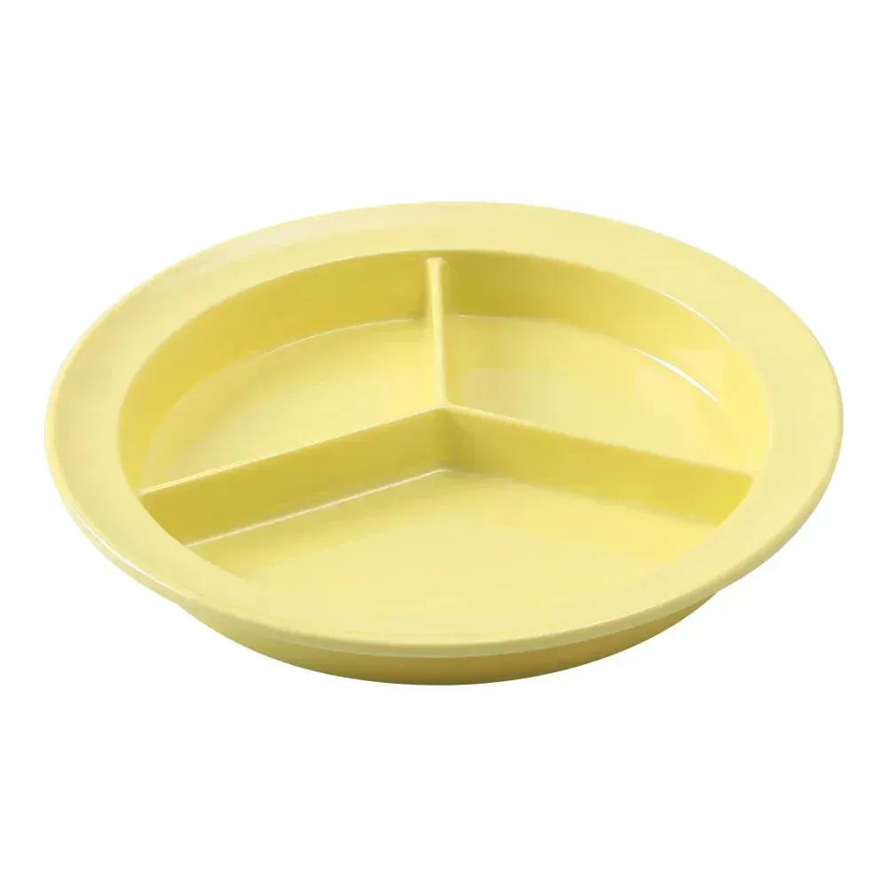 Yanco China deep yellow melamine three-section plate ideal for saucy dishes and neat serving in large catering or institutional food service.