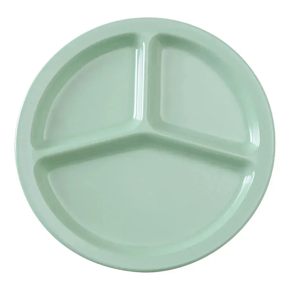 Yanco China fresh green melamine three-compartment plate offers vibrant style and organized meals for cafeterias and casual dining venues.