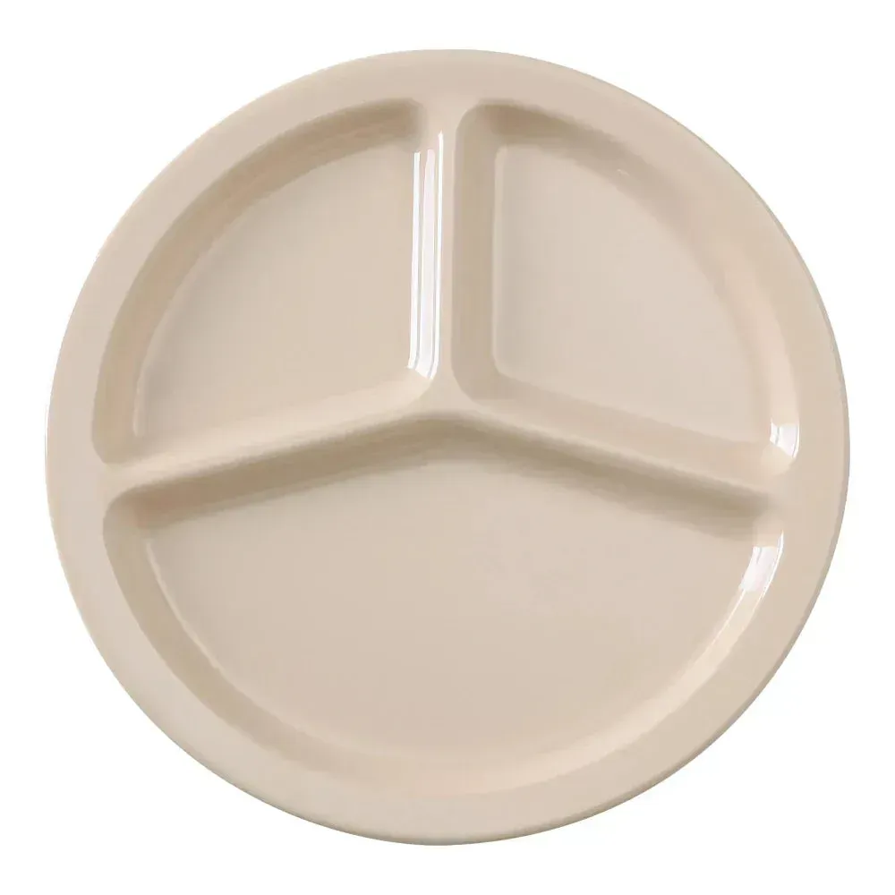 Yanco China warm tan melamine three-compartment plate provides reliable organization, perfect for catering and high-volume food service needs.