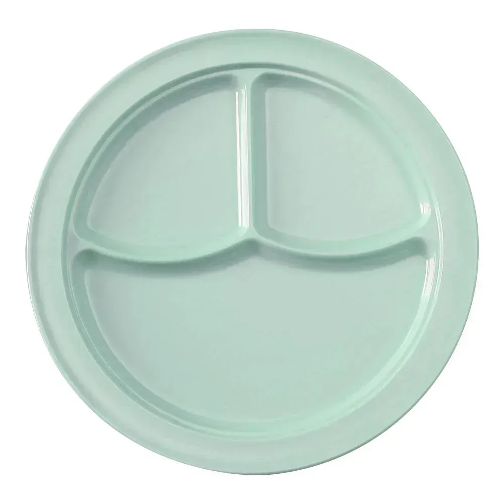 Yanco China vibrant green melamine three-compartment plate adds colorful order to meals in buffets, cafeterias, and lively dining spaces.