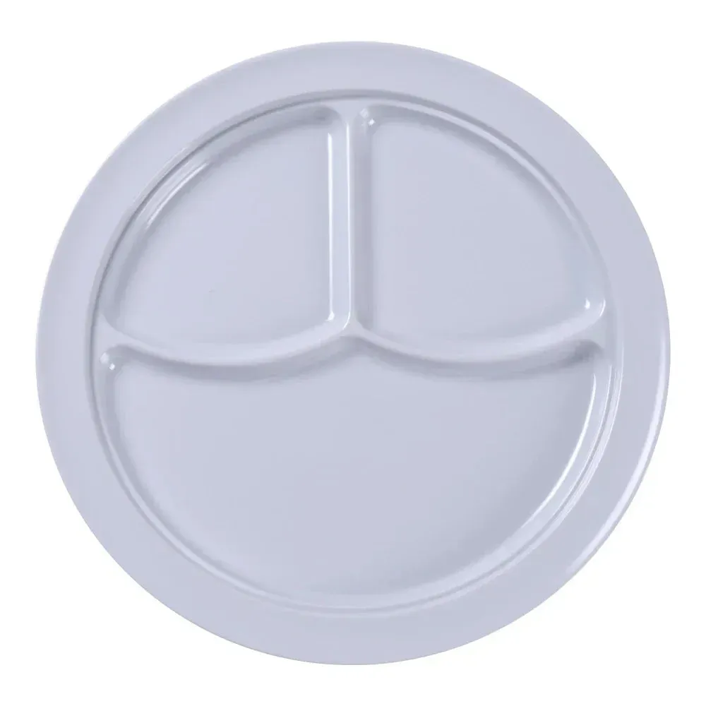 Yanco China white melamine three-compartment plate keeps foods separated for an appealing and practical presentation in dining service settings.