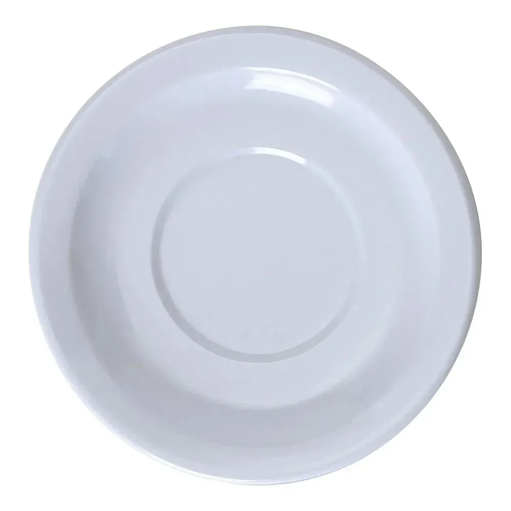 Yanco China coupe saucer in white melamine pairs with coupe cups, wide rim catches drips, dishwasher safe, essential for polished table settings.