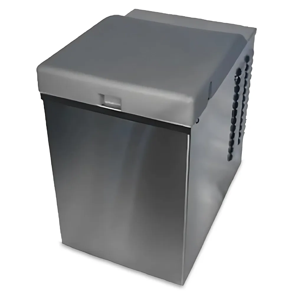 Nuova Simonelli matte black thermoelectric milk cooler with a gallon container and silent fan, neatly positioned on a sleek modern café bar shelf.