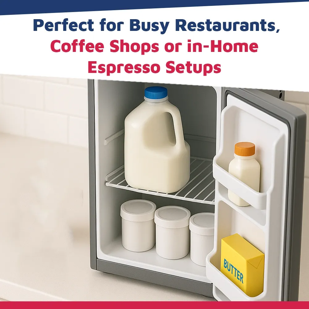 Nuova Simonelli matte black thermoelectric milk cooler with a gallon container and silent fan, neatly positioned on a sleek modern café bar shelf.