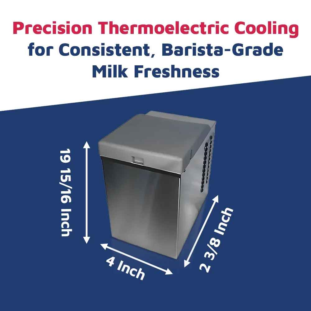 Nuova Simonelli matte black thermoelectric milk cooler with a gallon container and silent fan, neatly positioned on a sleek modern café bar shelf.