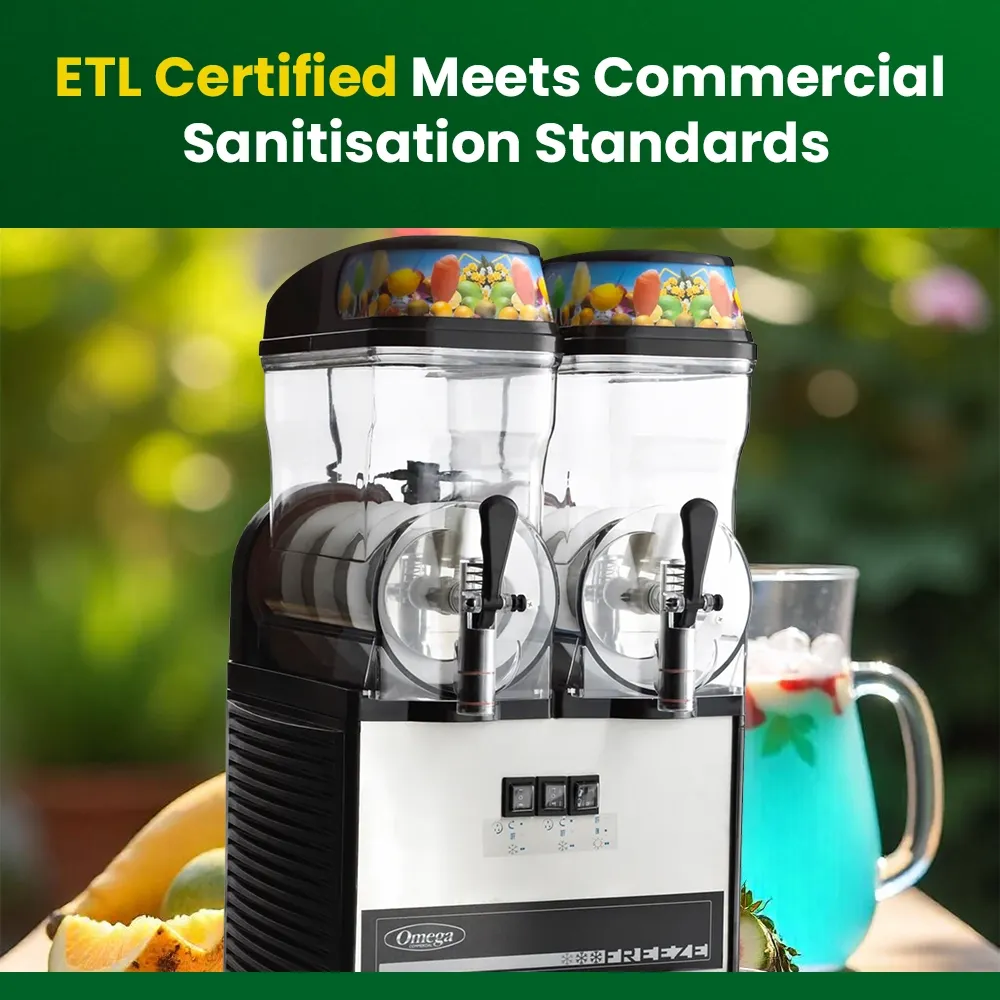 Omega Juicer double bowl commercial granita machine for frozen beverages, delivering efficient service in cafes and horeca venues.