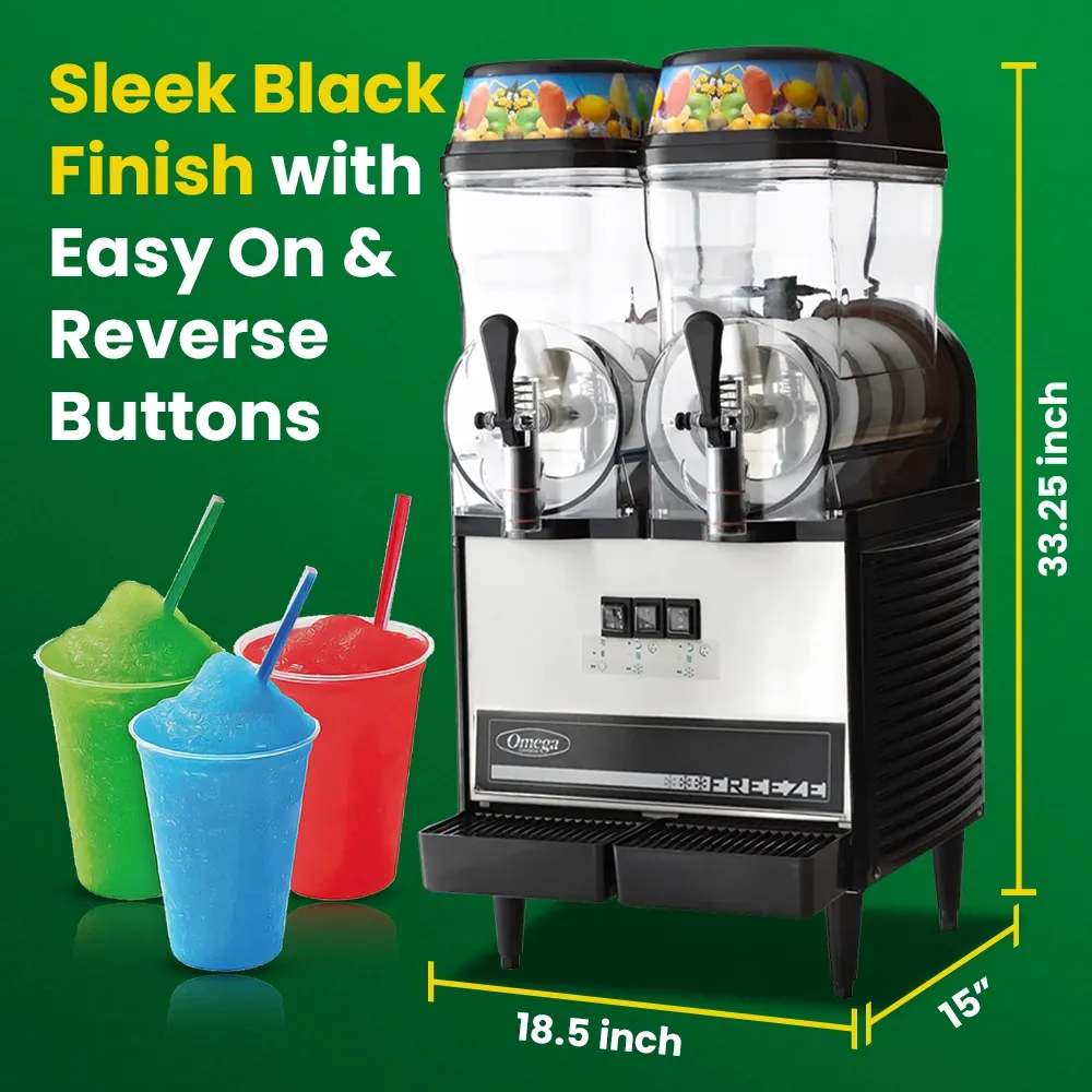Omega Juicer double bowl commercial granita machine for frozen beverages, delivering efficient service in cafes and horeca venues.