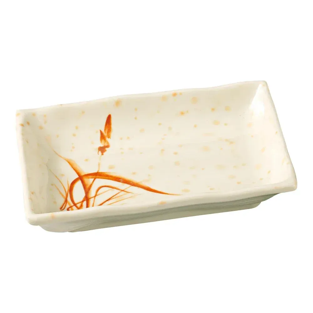 Petite gold melamine rectangular plate by Yanco China, ideal for tastings or desserts, a durable, stackable piece with a premium finish.