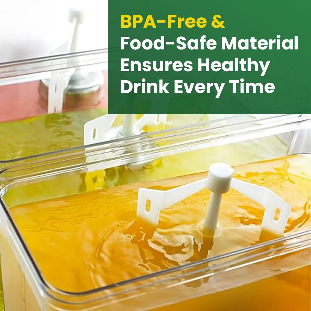 Omega Juicer single commercial beverage dispenser with clear container, stainless steel front, and push lever for serving fresh cold drinks.