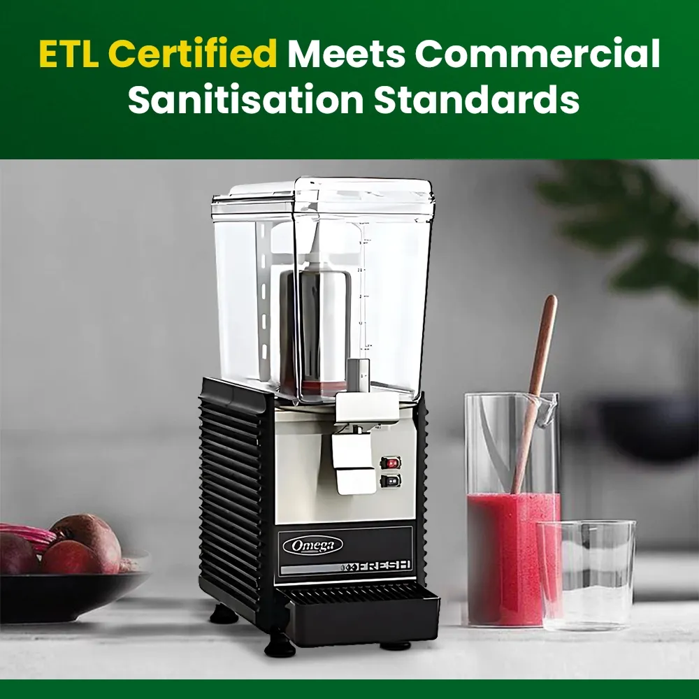 Omega Juicer single commercial beverage dispenser with clear container, stainless steel front, and push lever for serving fresh cold drinks.