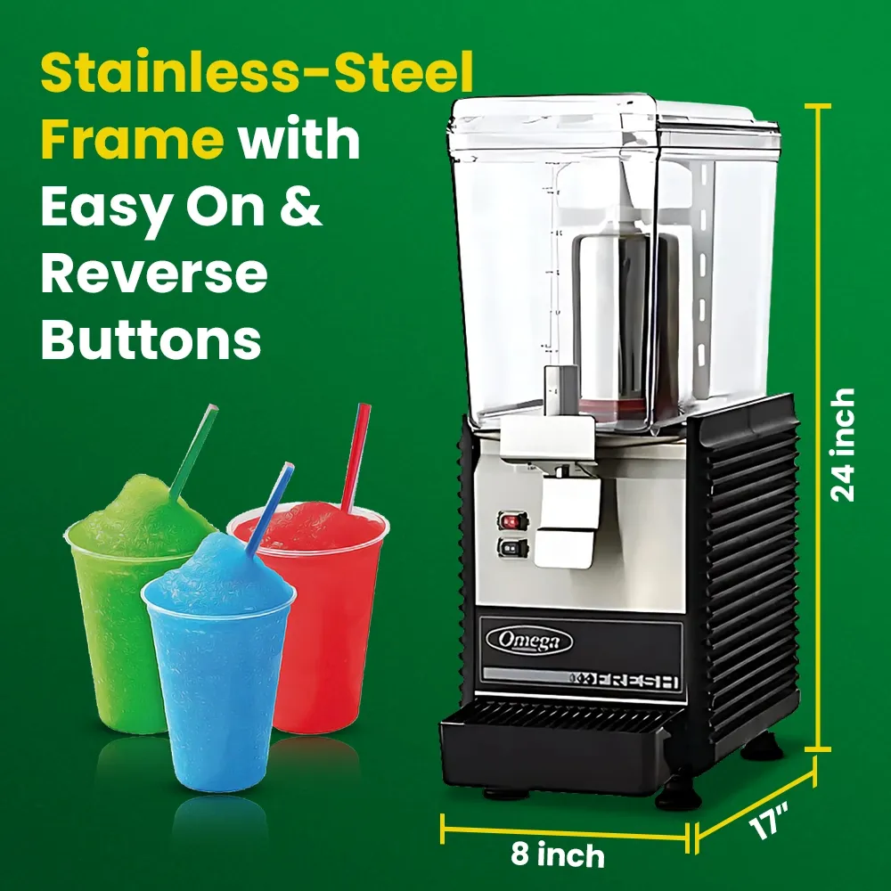 Omega Juicer single commercial beverage dispenser with clear container, stainless steel front, and push lever for serving fresh cold drinks.