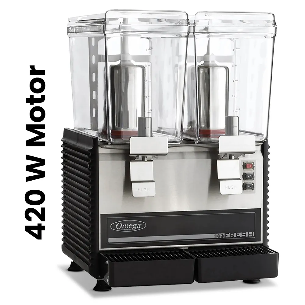 Omega Juicer double beverage dispenser with two clear containers, stainless steel front, and push levers for easily dispensing chilled drinks.