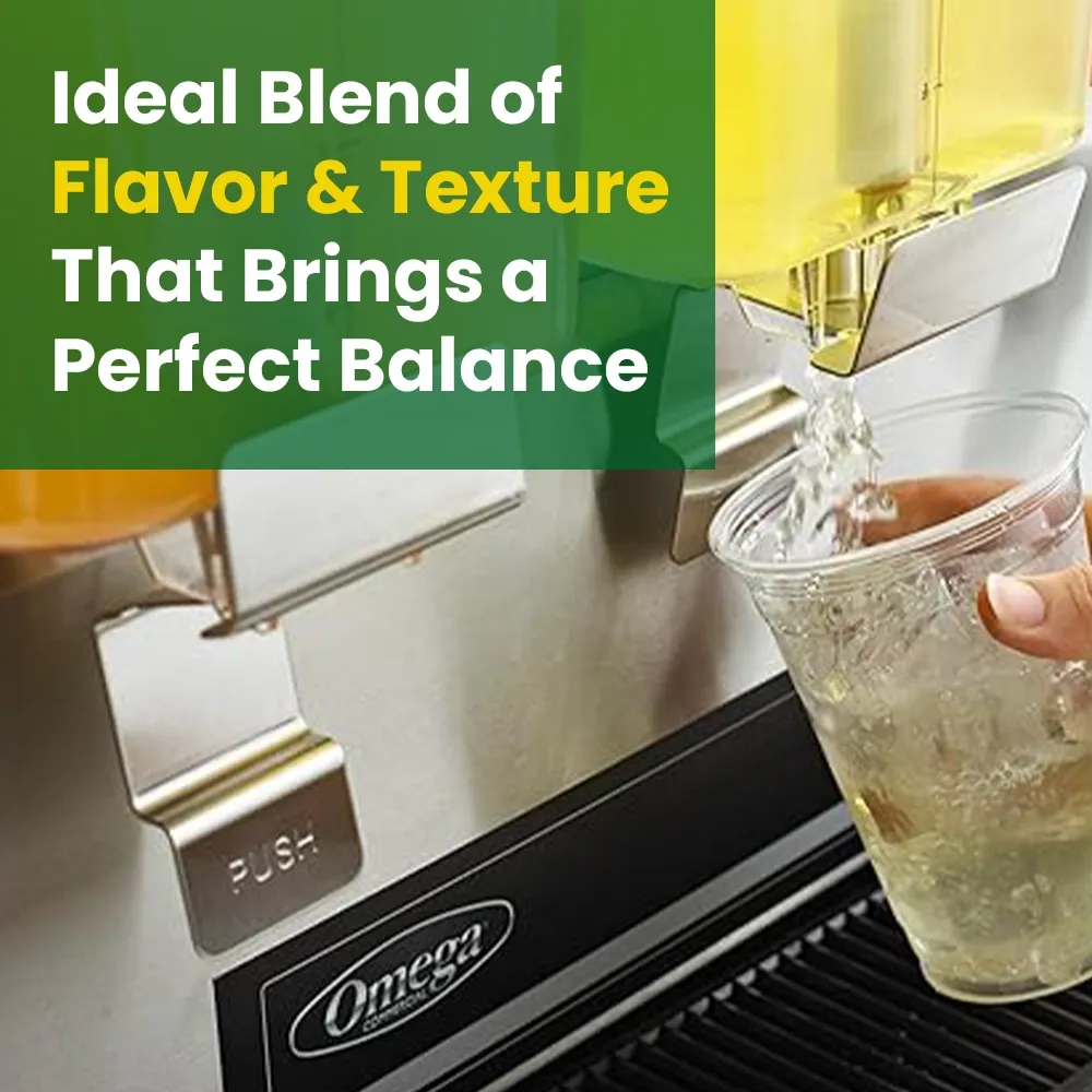 Omega Juicer double beverage dispenser with two clear containers, stainless steel front, and push levers for easily dispensing chilled drinks.