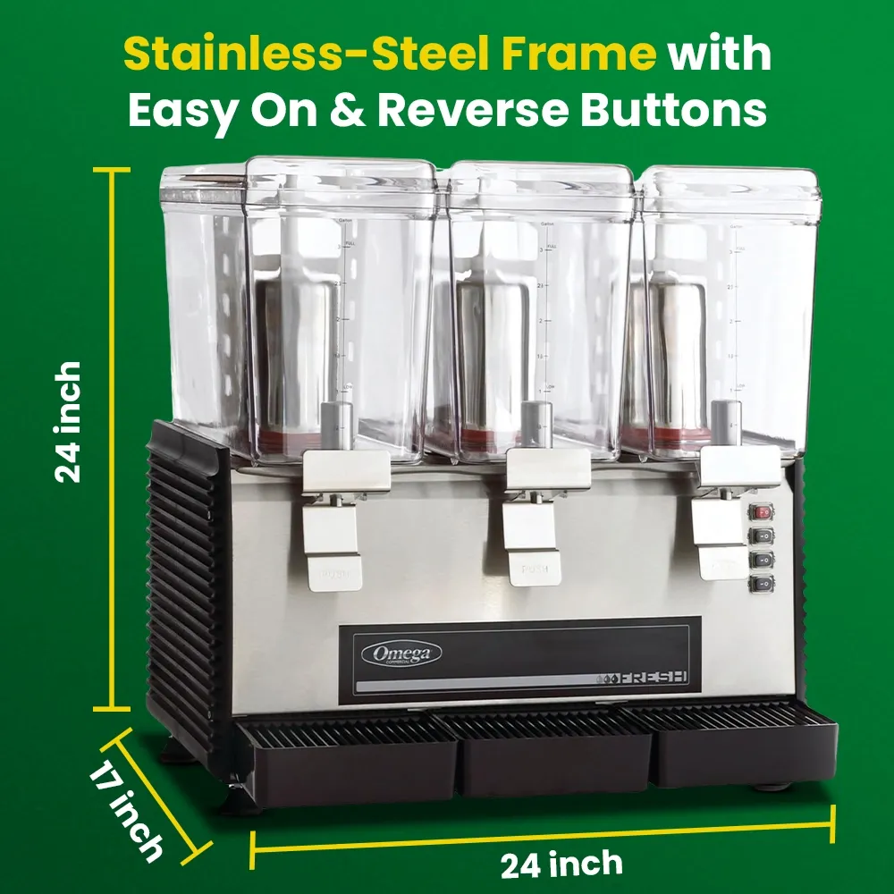 Omega Juicer triple beverage dispenser with three clear containers, stainless steel base, and push levers for serving refreshing cold drinks.