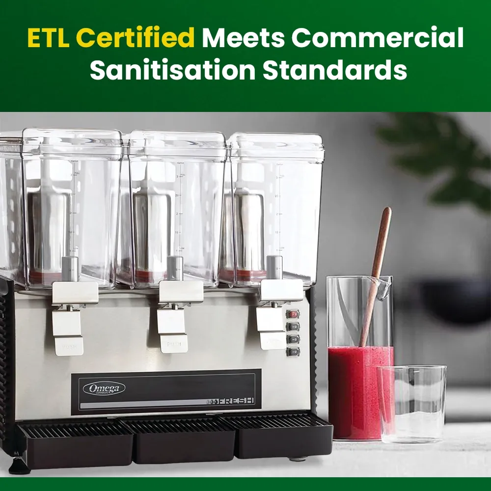 Omega Juicer triple beverage dispenser with three clear containers, stainless steel base, and push levers for serving refreshing cold drinks.