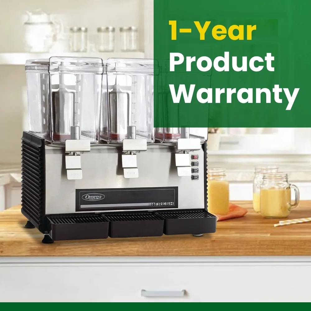 Omega Juicer triple beverage dispenser with three clear containers, stainless steel base, and push levers for serving refreshing cold drinks.