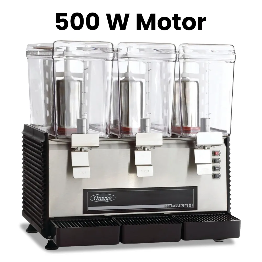 Omega Juicer triple beverage dispenser with three clear containers, stainless steel base, and push levers for serving refreshing cold drinks.