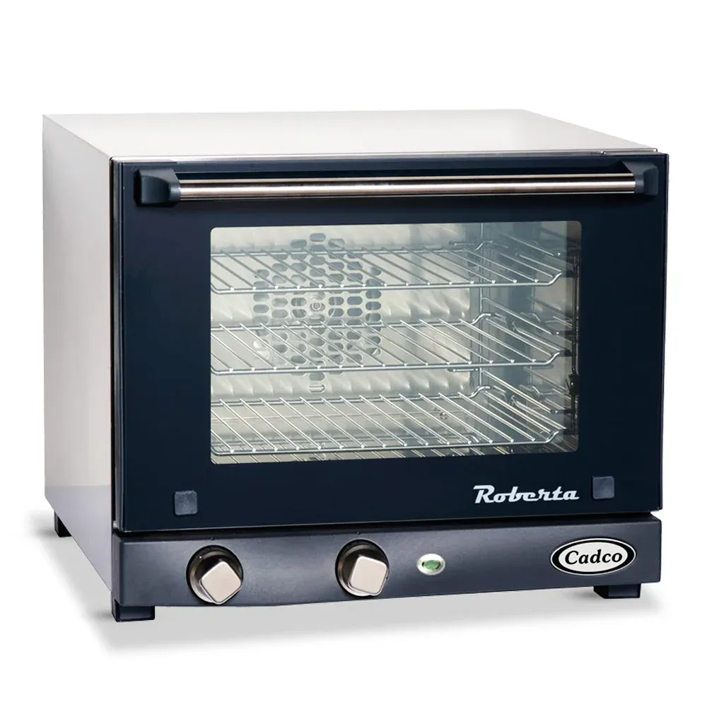 Cadco three-shelf quarter-size convection oven with manual controls, stainless steel body, and compact build ideal for catering and small kitchens.