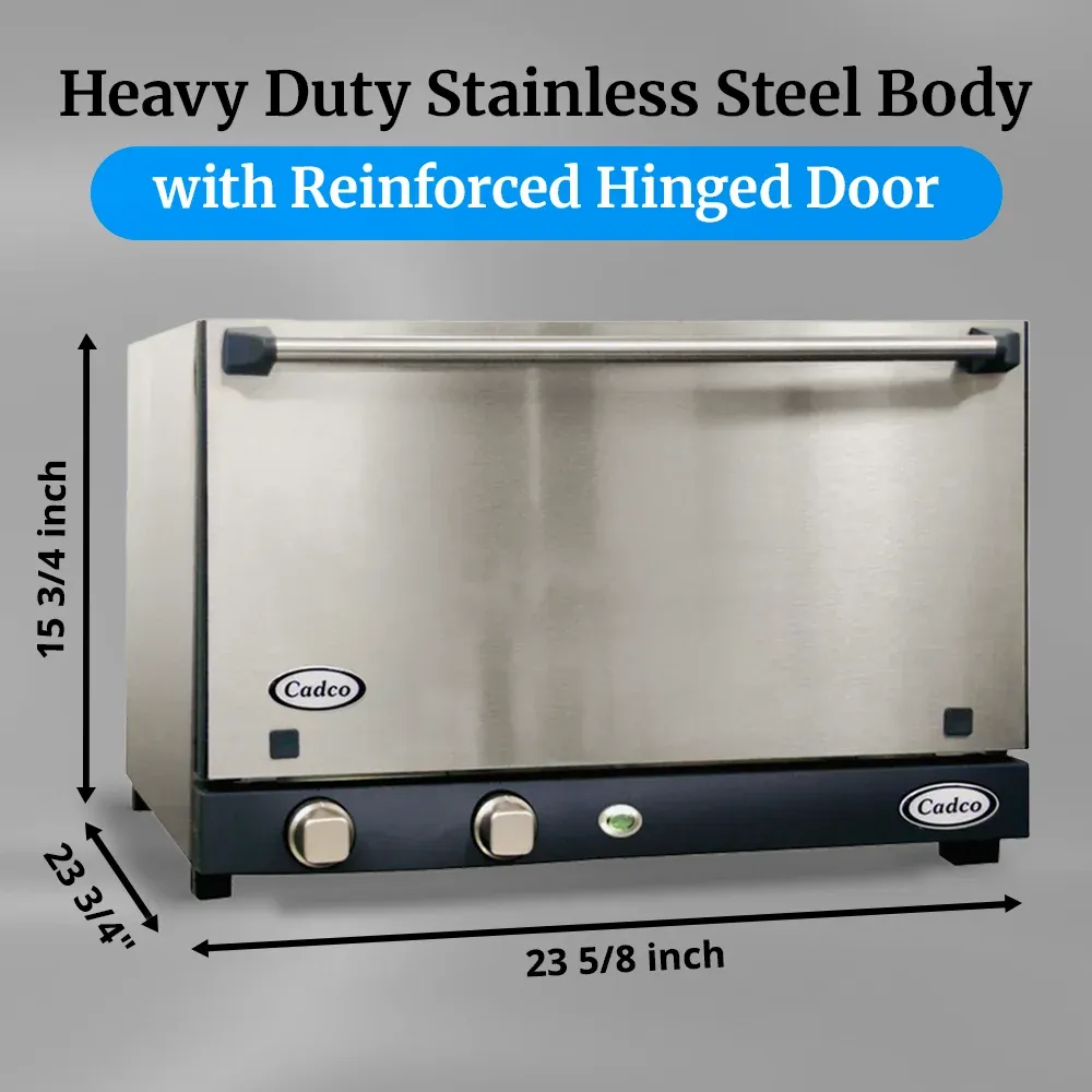 Cadco three-shelf half-size convection oven with stainless steel door, manual controls, and a compact, durable build for catering operations.