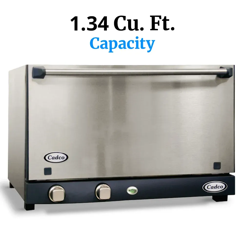 Cadco three-shelf half-size convection oven with stainless steel door, manual controls, and a compact, durable build for catering operations.
