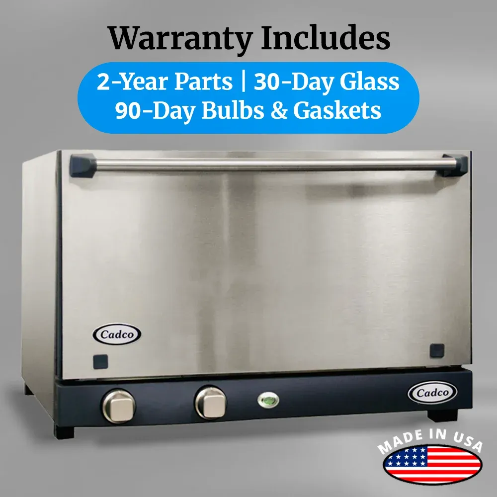 Cadco three-shelf half-size convection oven with stainless steel door, manual controls, and a compact, durable build for catering operations.