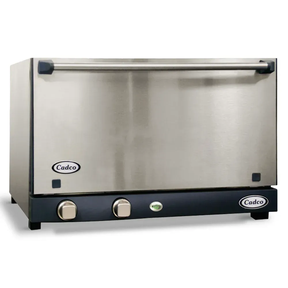Cadco three-shelf half-size convection oven with stainless steel door, manual controls, and a compact, durable build for catering operations.