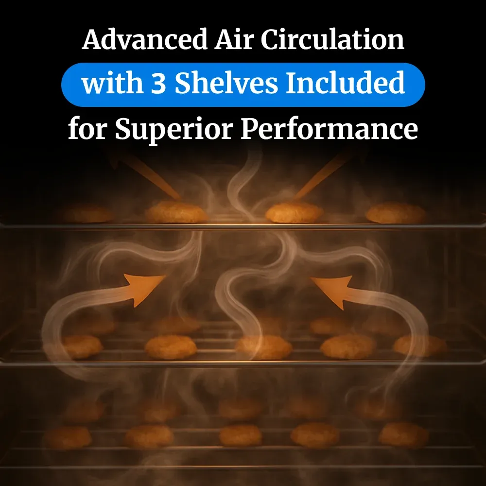 Cadco three-shelf half-size convection oven with stainless steel door, manual controls, and a compact, durable build for catering operations.