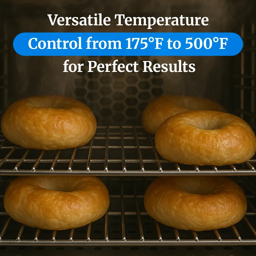 Cadco three-shelf half-size medium-duty convection oven, manual countertop stainless steel, compact adjustable durable catering kitchen.