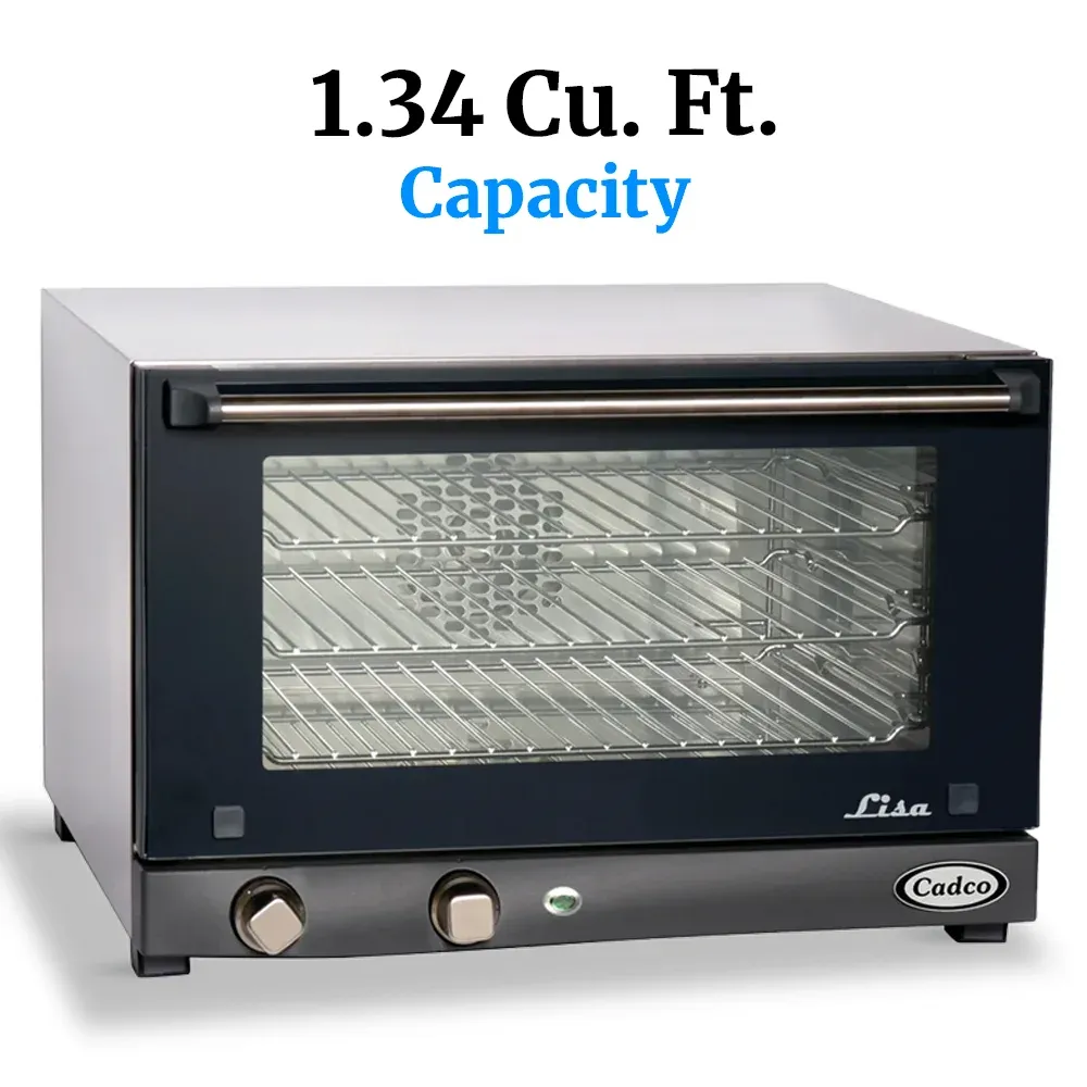 Cadco three-shelf half-size medium-duty convection oven, manual countertop stainless steel, compact adjustable durable catering kitchen.