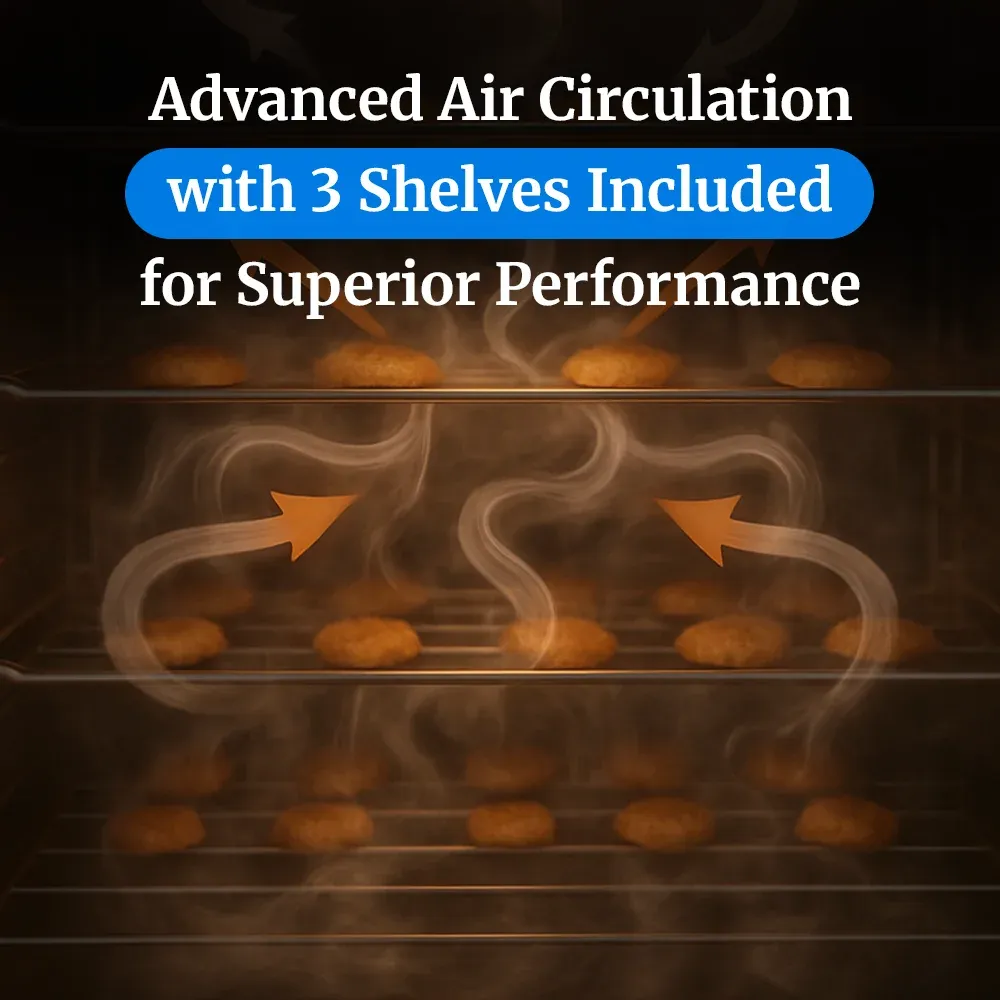Cadco three-shelf half-size medium-duty convection oven, manual countertop stainless steel, compact adjustable durable catering kitchen.