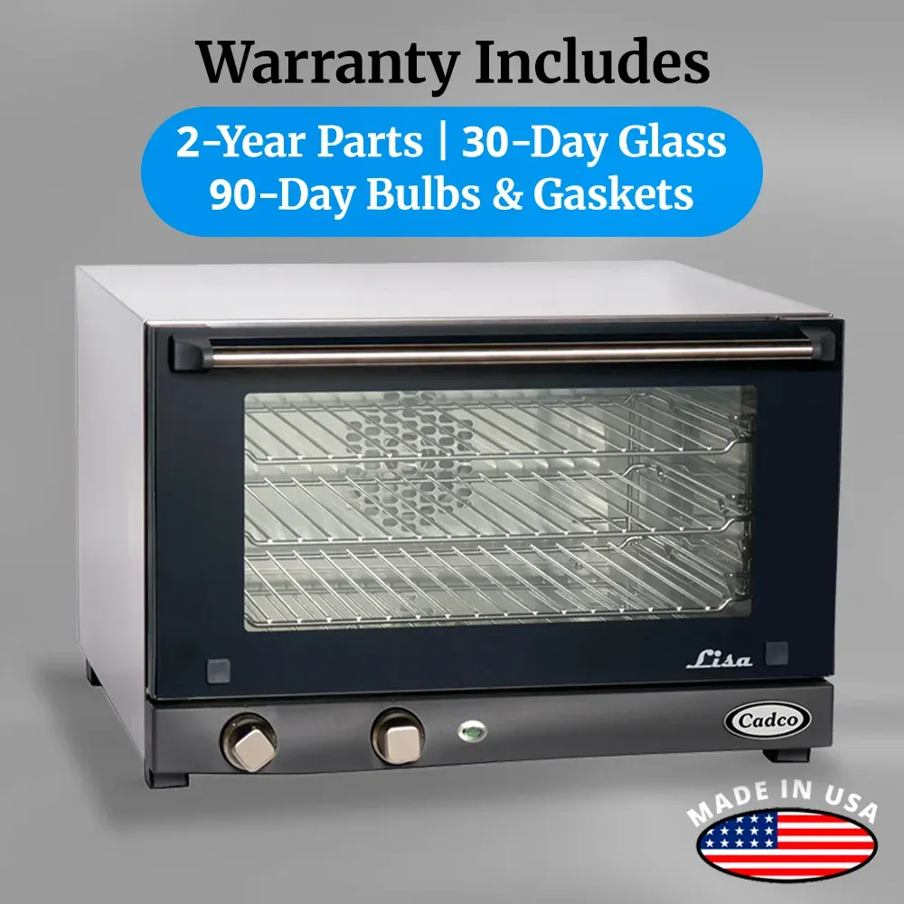 Cadco three-shelf half-size medium-duty convection oven, manual countertop stainless steel, compact adjustable durable catering kitchen.