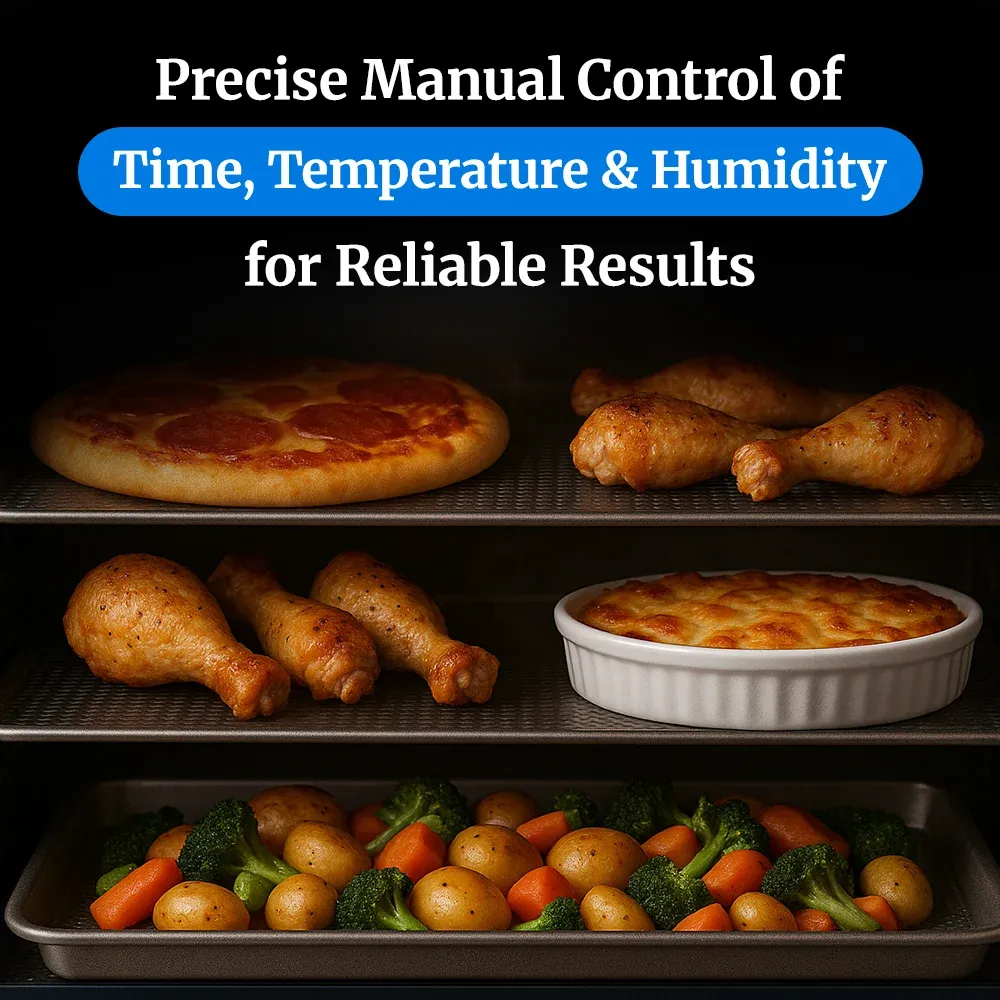 Cadco four-shelf half-size pizza convection oven with manual controls, stainless steel body, and compact design ideal for catering and kitchens.