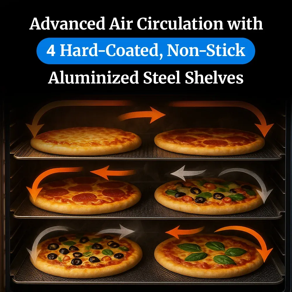 Cadco four-shelf half-size pizza convection oven with manual controls, stainless steel body, and compact design ideal for catering and kitchens.