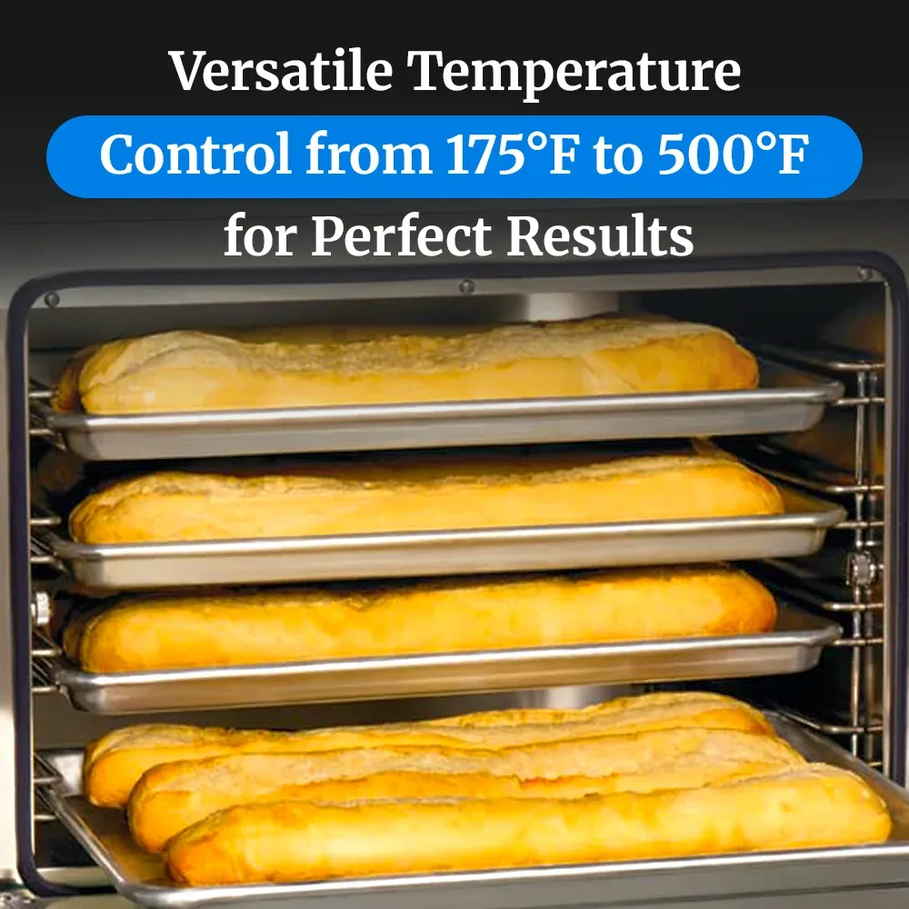 Cadco four-shelf half-size medium-duty convection oven, manual countertop stainless steel, compact adjustable durable catering kitchen.